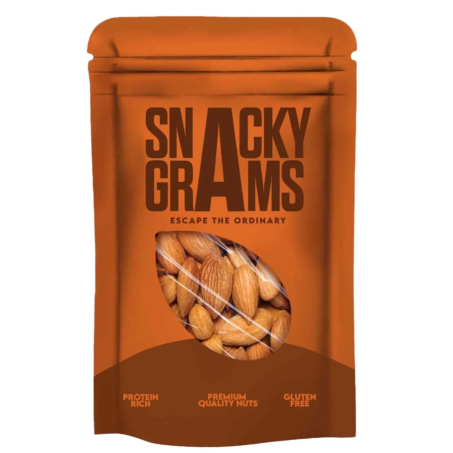 Snacky Gramps premium roasted almonds in a resealable orange pouch 