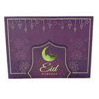 Eid Mubarak ramadan card with purple background, moon and star design, and 'Eid Mubarak' text.