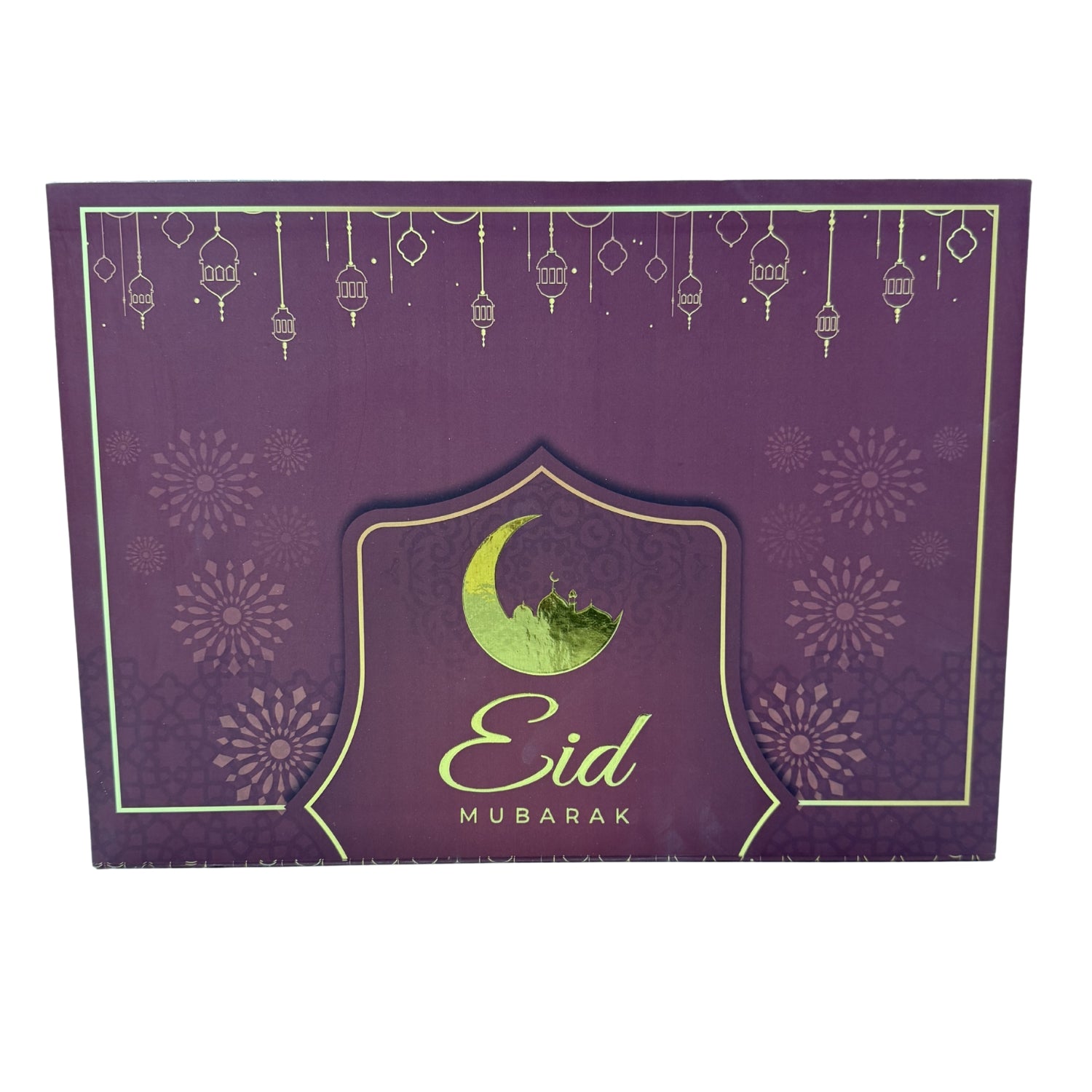 Eid Mubarak ramadan card with purple background, moon and star design, and 'Eid Mubarak' text.