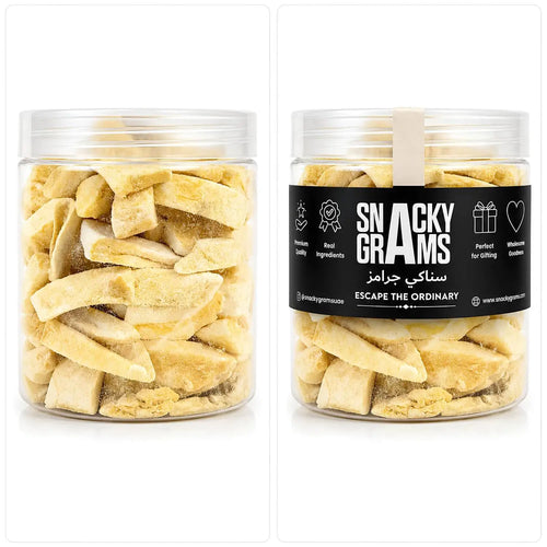 Two jars of freeze mango with snacky grams label