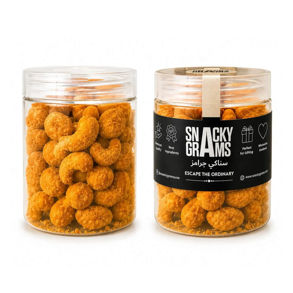 Two jars of Kri Kri Cashew -Cheese with a 'Snacky Grams' label