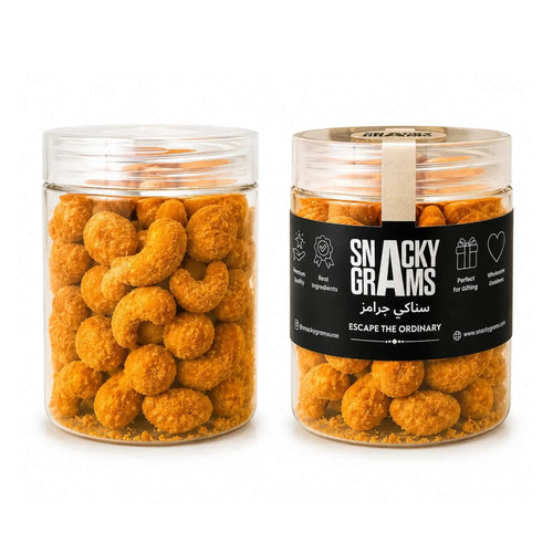 Two jars of Kri Kri Cashew -Cheese with a 'Snacky Grams' label