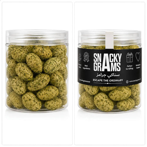 Two jars of Kri Kri Cashew -Zaatar  with 'Snacky Grams' label 