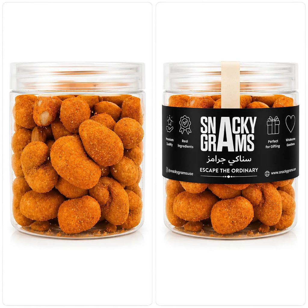 Two jars of Kri Kri Cashew Cheetos with a 'Snacky Grams' label.