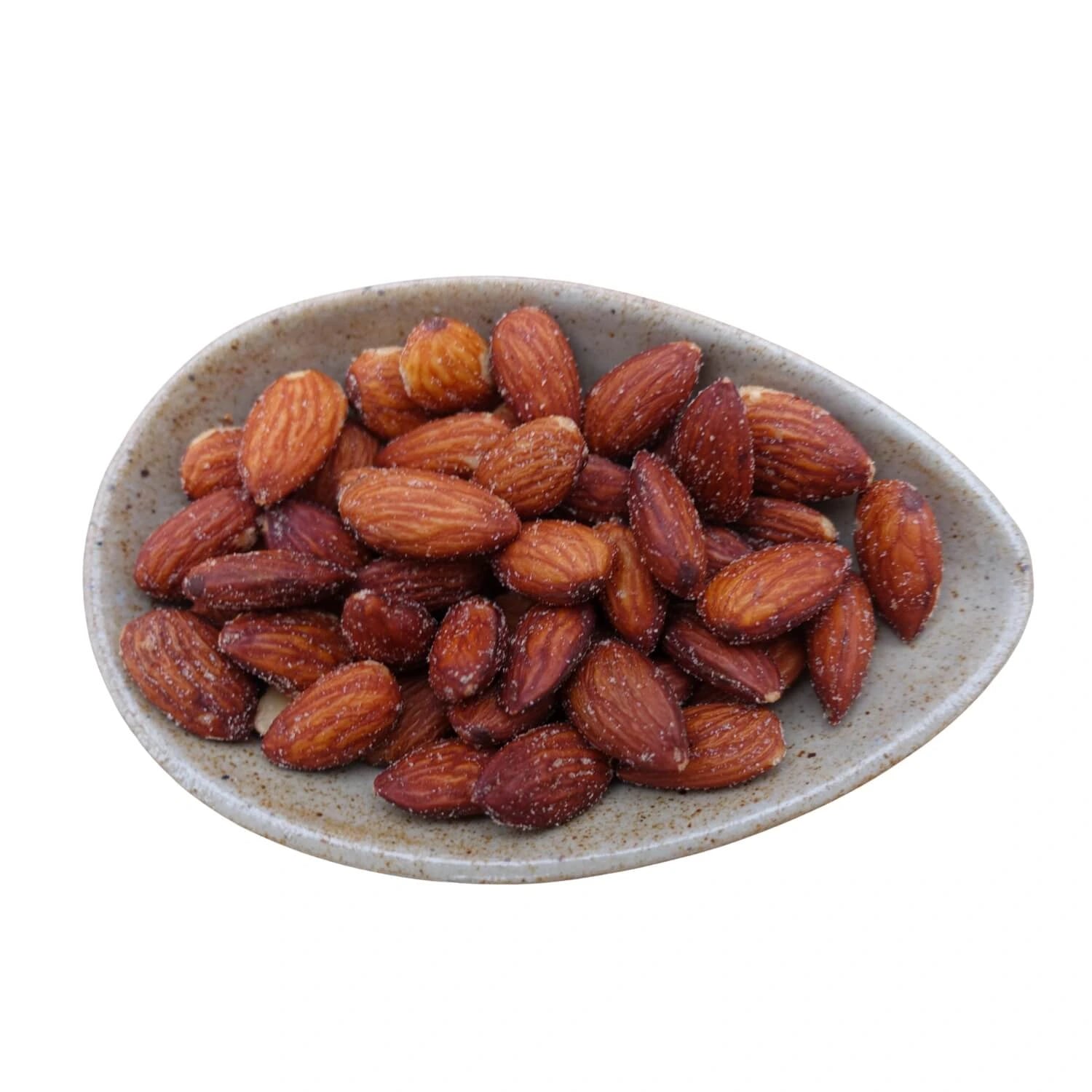 Salted almonds in almond shape coolered bowl 