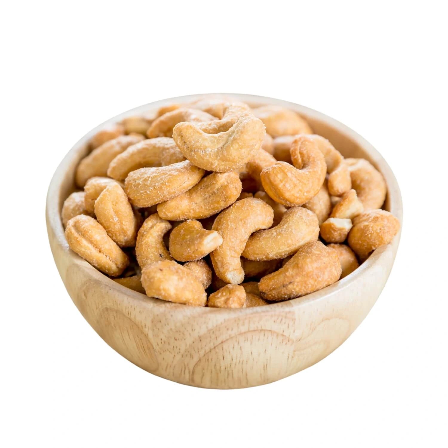  wooden bowl filled with salted  cashews.