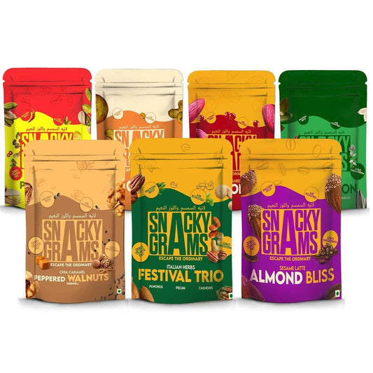 Assorted packages of Snacky Grams with colorful designs on a white background