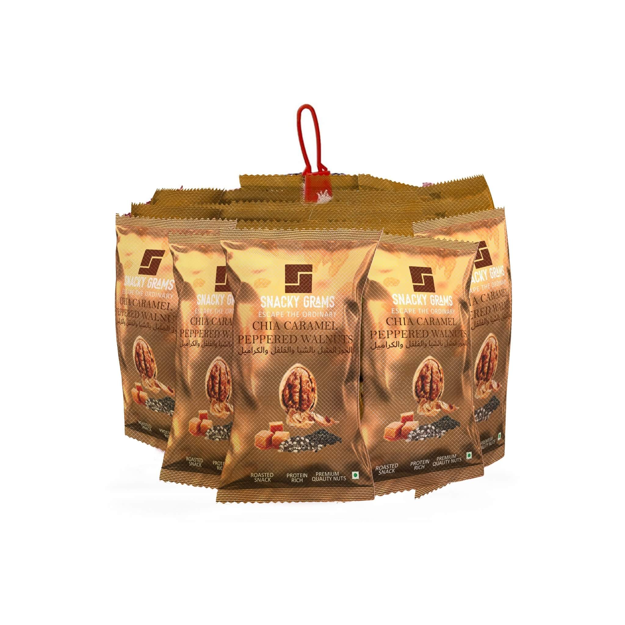 Pack of Snack & Grains Chilli Caramel Peppered Walnuts on a white background