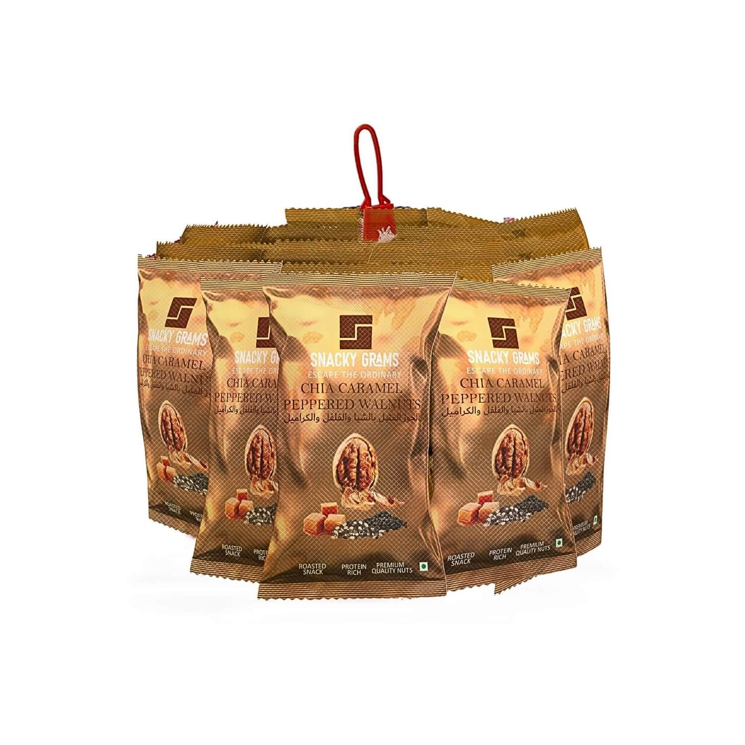 Pack of Chilli Caramel Peppered Walnuts with a red tag on a white background