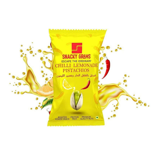 Yellow packet of Snacky Grams Chilli Lemonade Pistachios with graphics on a white background