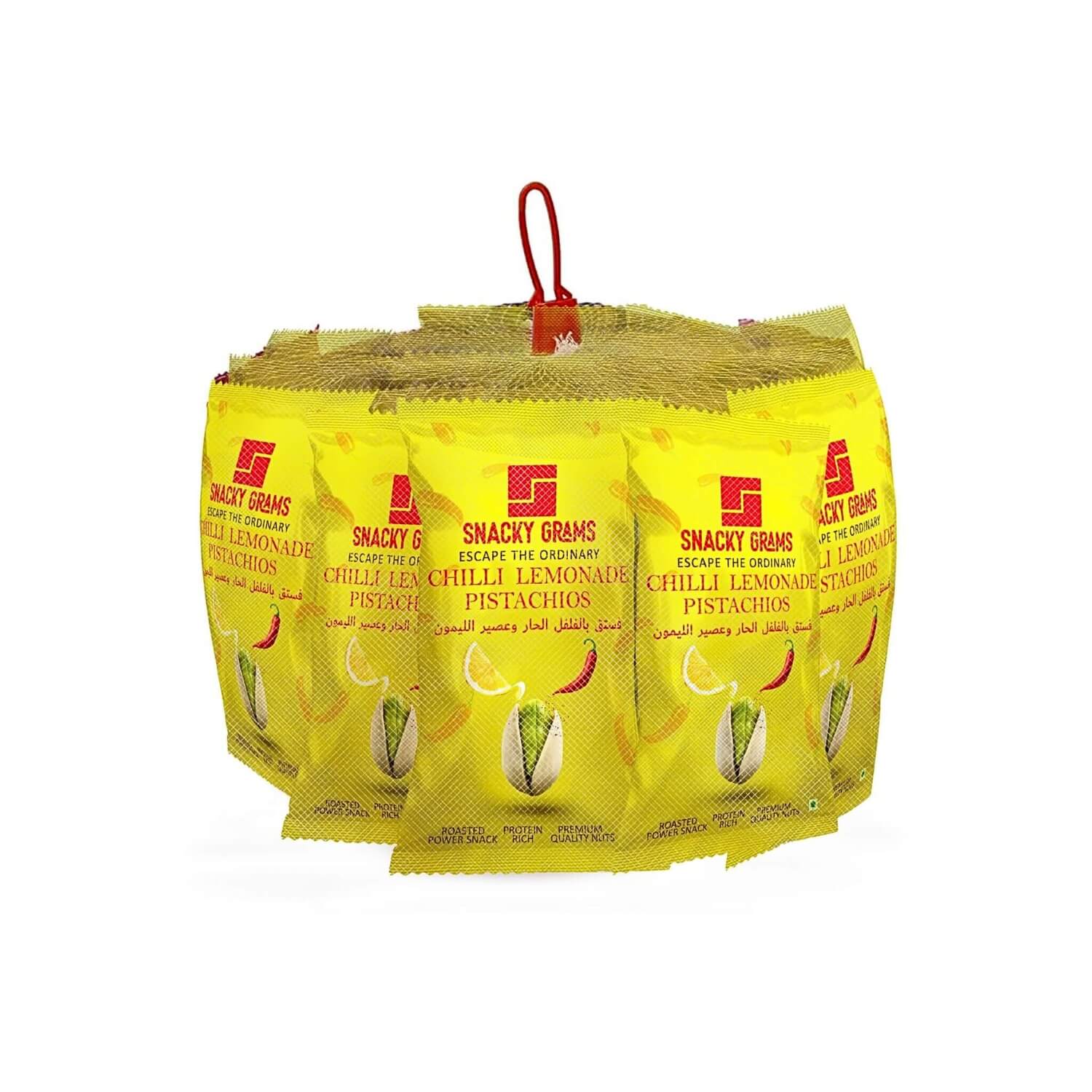 Pack of Snacky Grams Chilli Lemon Pistachio snacks in yellow packaging with a red handle.