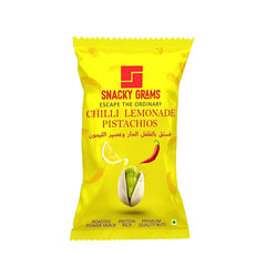 Yellow packet of Snacky Grams Chilli Lemonade Pistachios on a white background