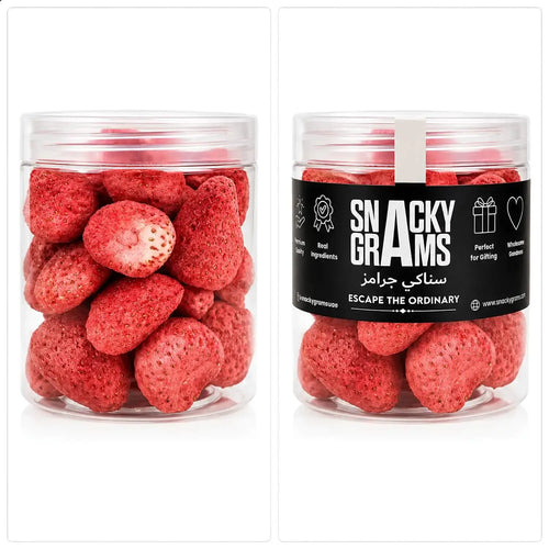 two jars full of freeze dried starberries  with snacky gram label