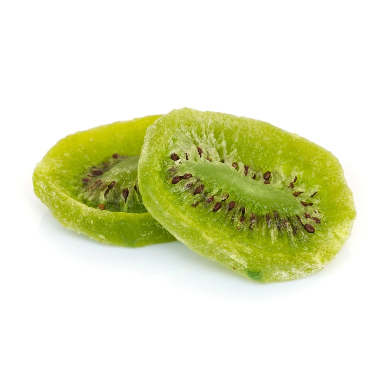 Two dried kiwi slices on a white background