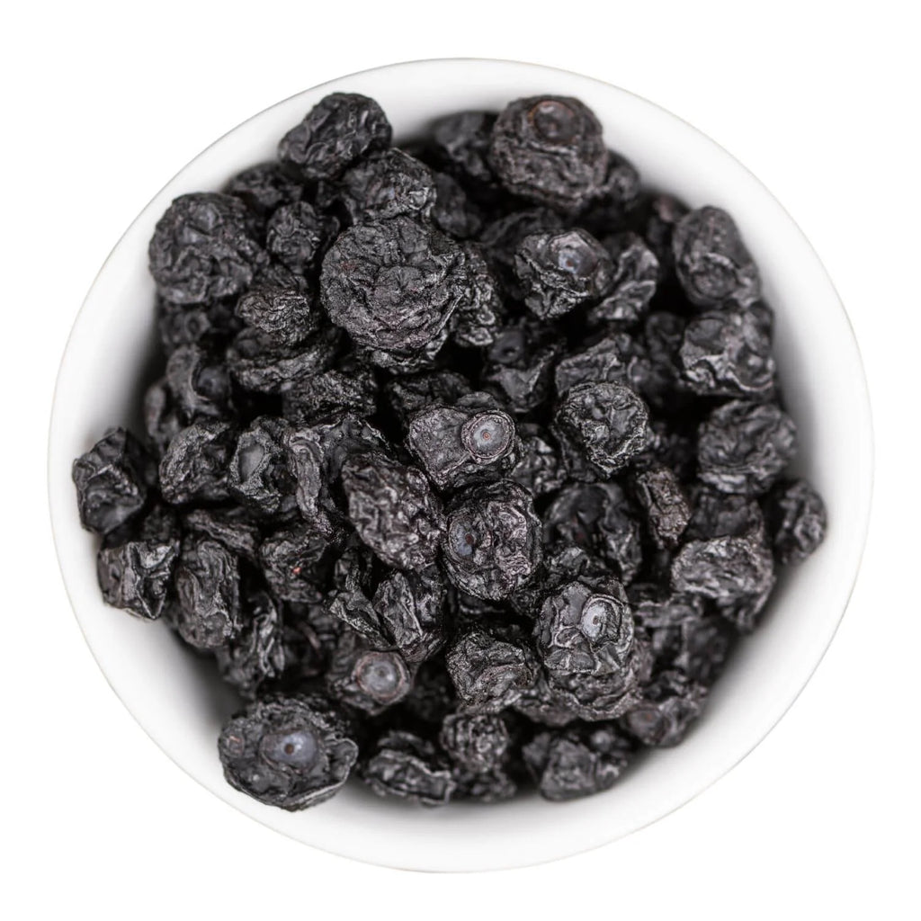 snacky grams dried blueberries in a white bowl