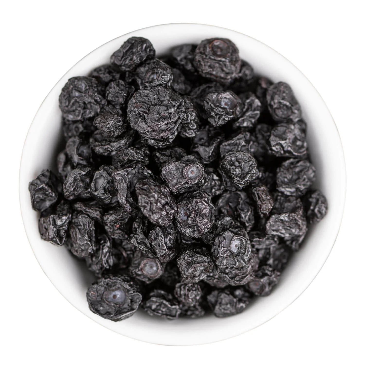 snacky grams dried blueberries in a white bowl