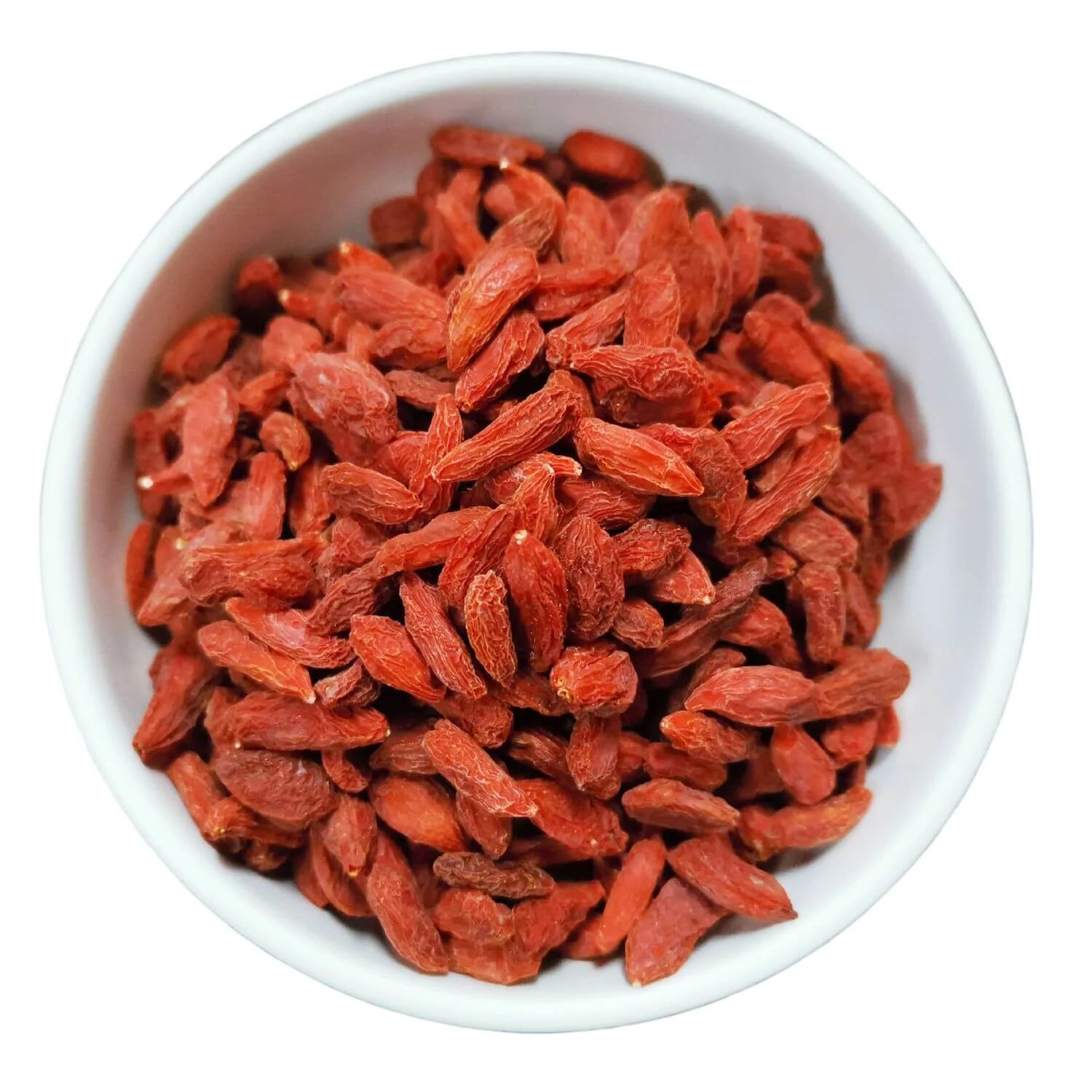 Dried red goji berries in a white bowl