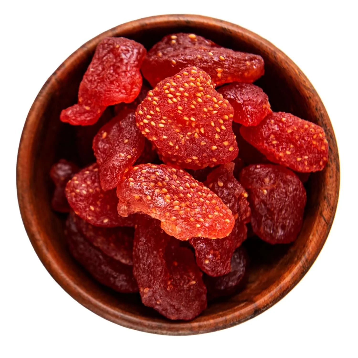 Wooden bowl filled with dried strawberries