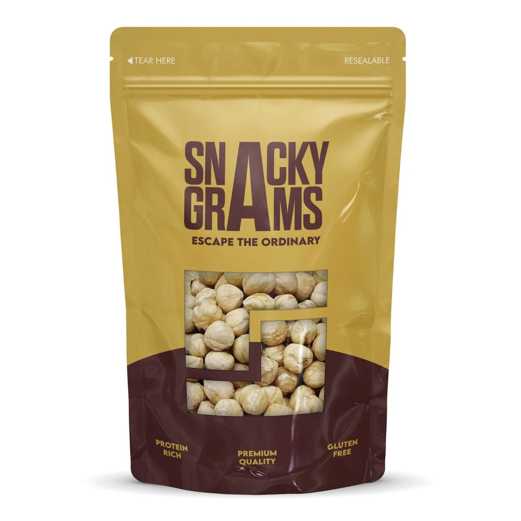 hazelnuts blanched in a pouch of snacky grams