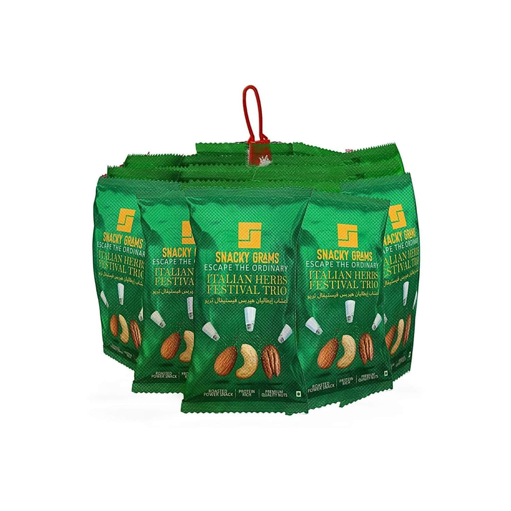Multiple packages of Snacky Grams Italian Herbs Festival Trio on a white background