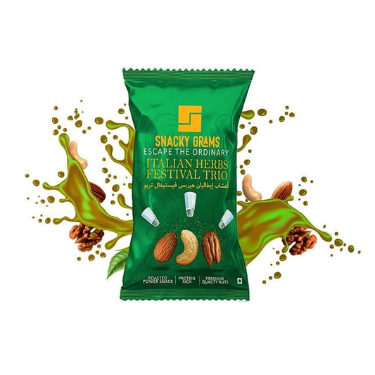 Green package of Snacky Grams Italian Herbs Festival Trio with almonds and herbs on a white background