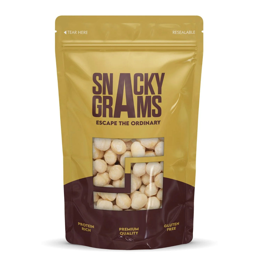 premium macadamia nuts in a pouch of snacky grams