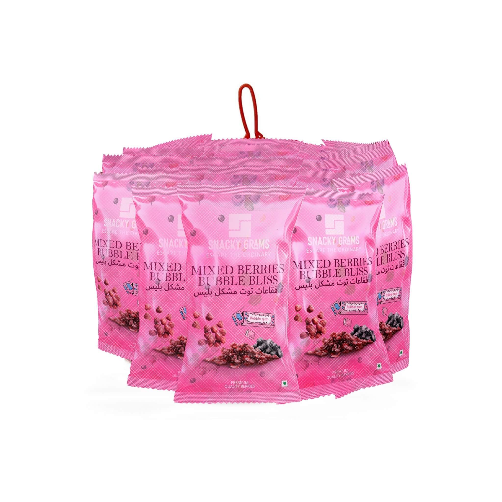 Pink packaging of 'Mixed Berry Bubble Bliss' on a white background