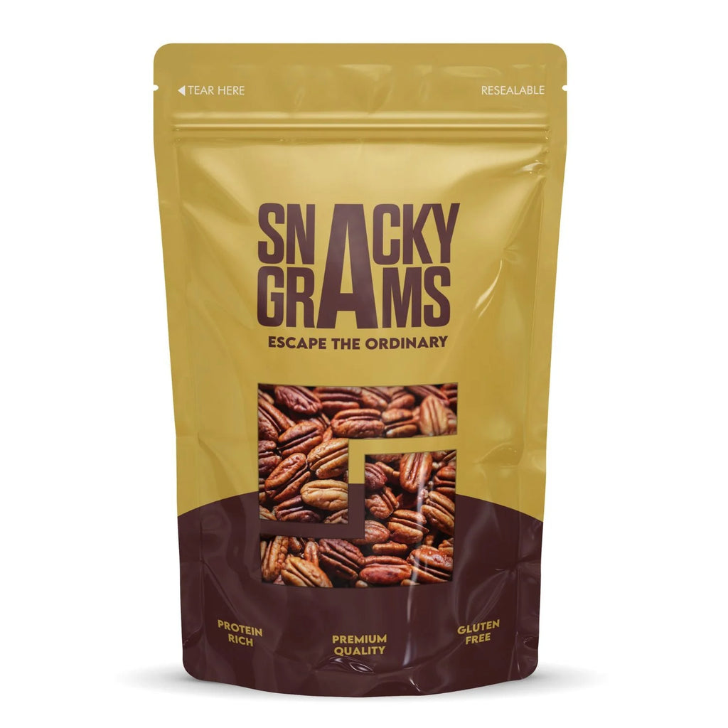 pecan nuts filled in a pouch of snacky grams