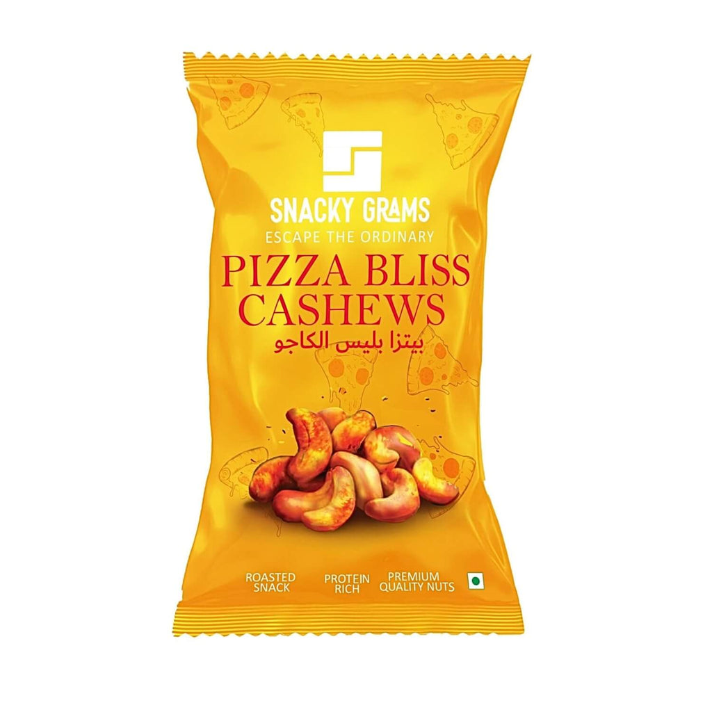 Snack packet of Pizza Bliss Cashews by Snacky Grams on a white background