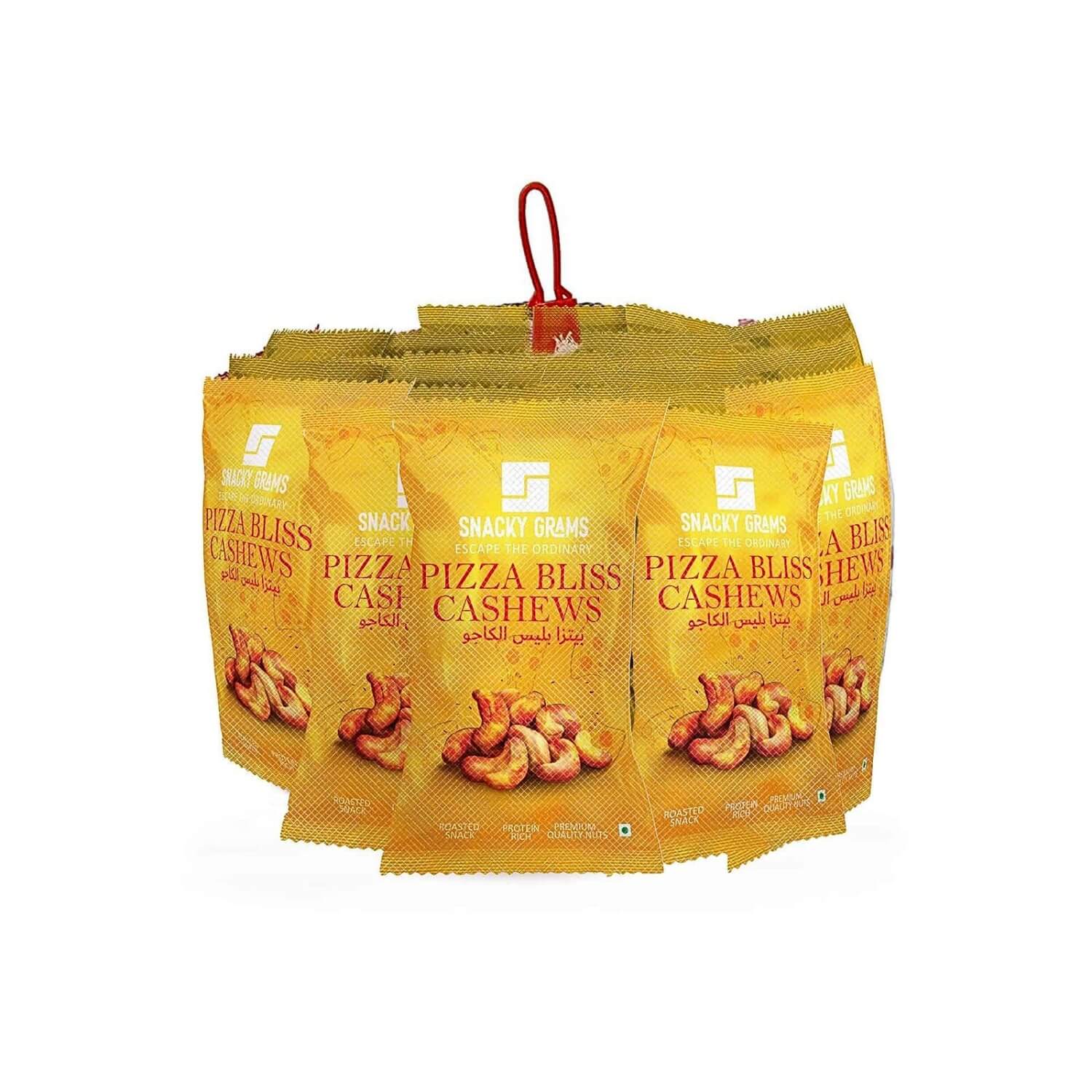 Pack of Pizza Bliss Cashews packaging on a white background