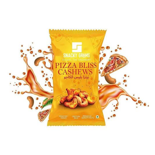 Snack package labeled 'Pizza Bliss Cashews' by Snacky Grams with pizza and cashew illustrations on a white background.