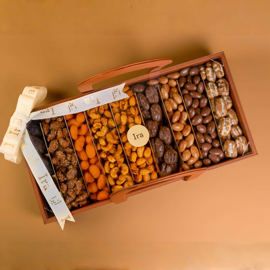 Wooden gift box with assorted dried fruits and nuts on Diwali Ramadan& Christmas gift box
