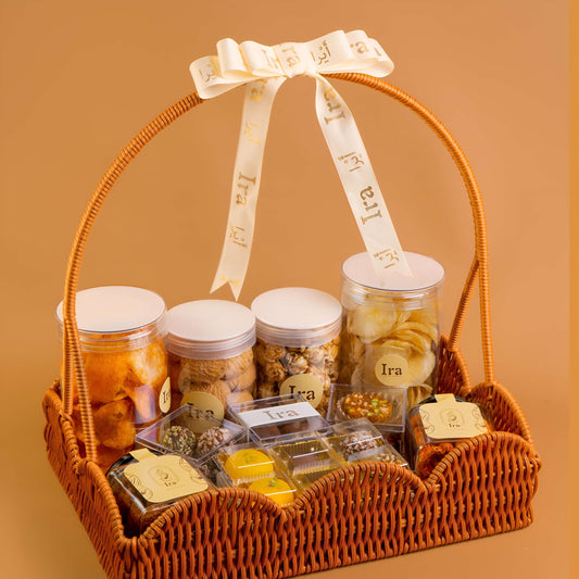 Gift basket with jars and a decorative Diwali Ramadan& Christmas gift box