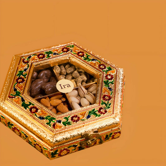 Decorative hexagonal box with almonds, chestnuts, and chestnuts Diwali Ramadan& Christmas gift box