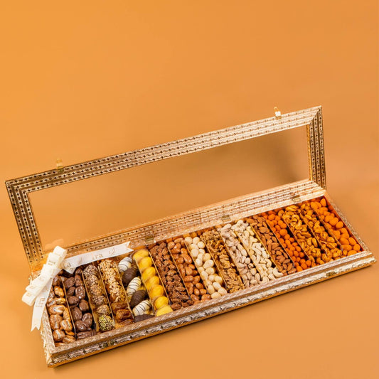 Open box of assorted dried fruits on a Diwali Ramadan& Christmas gift box