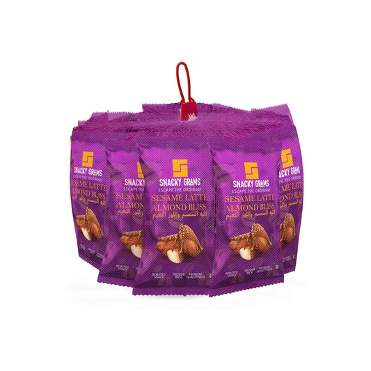 Pack of Shaky Grams Sesame Latte Almond Bliss snack packages on a white background