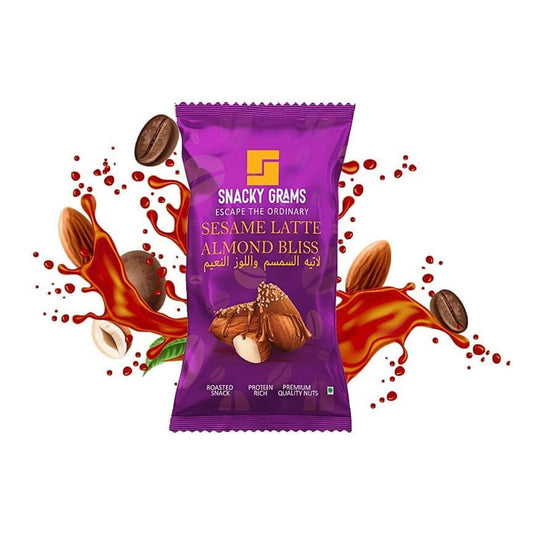 Snack package with sesame latte and almond bliss flavor on a white background