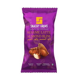 Snack package with purple packaging featuring Snacky Grams branding and product description.