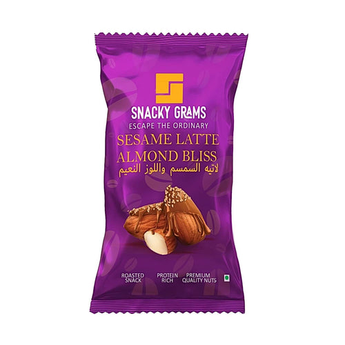 Snack package with purple packaging featuring Snacky Grams branding and product description.
