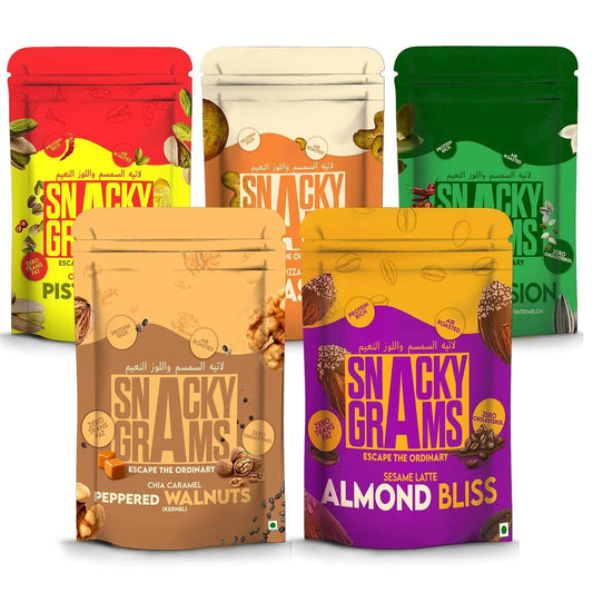 Five colorful packages of Snacky Grams snacks on a white background