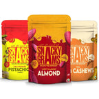 Three packages of Snacky Grams with different flavors on a white background