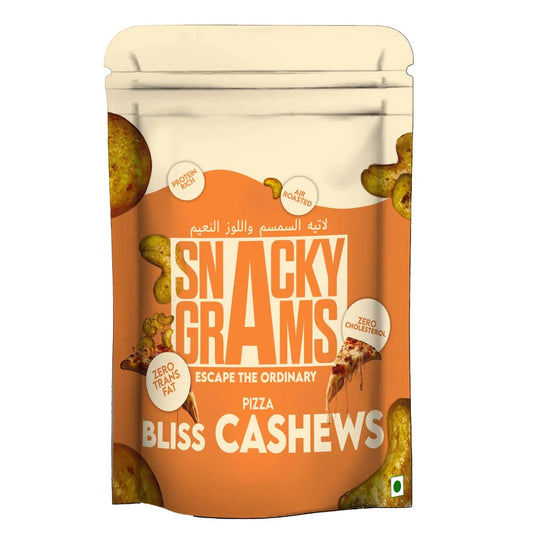 flavored cashews with pizza bliss coating in pouch
