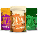 Three packages of Snack Grams with different flavors on a white background