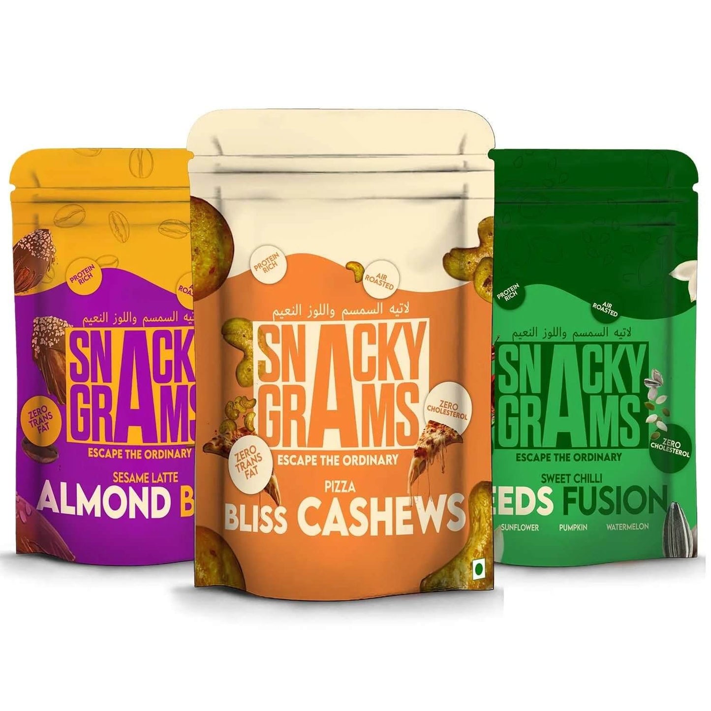 Three packages of Snack Grams with different flavors on a white background