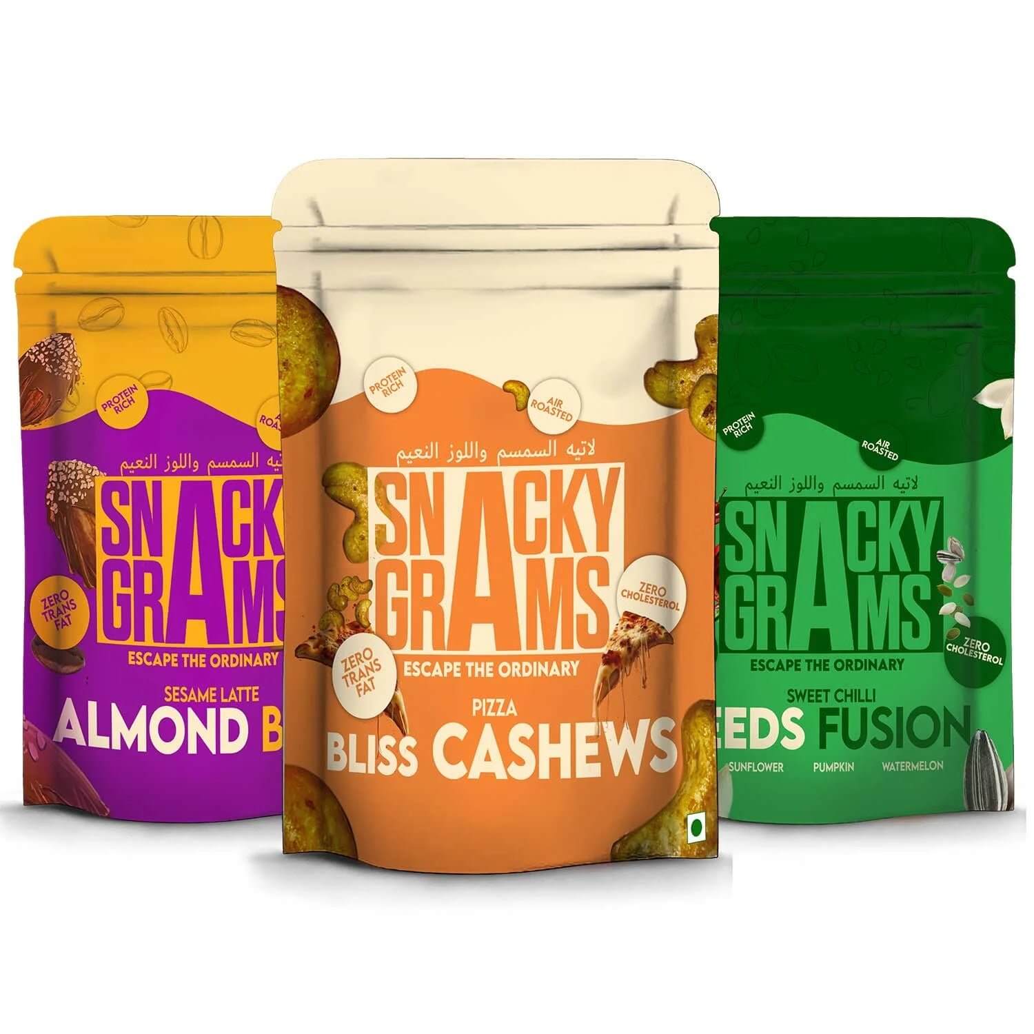 Three packages of Snack Grams with different flavors on a white background