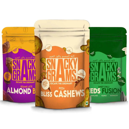 Three packages of Snack Grams with different flavors on a white background