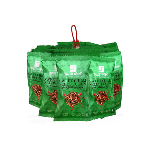Multiple green packages of 'Sweet Chilli Seeds Fusion' on a white background