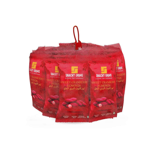 Red mesh bag with multiple Snacky Grams sweet cranberry lemon snack packages on a white background