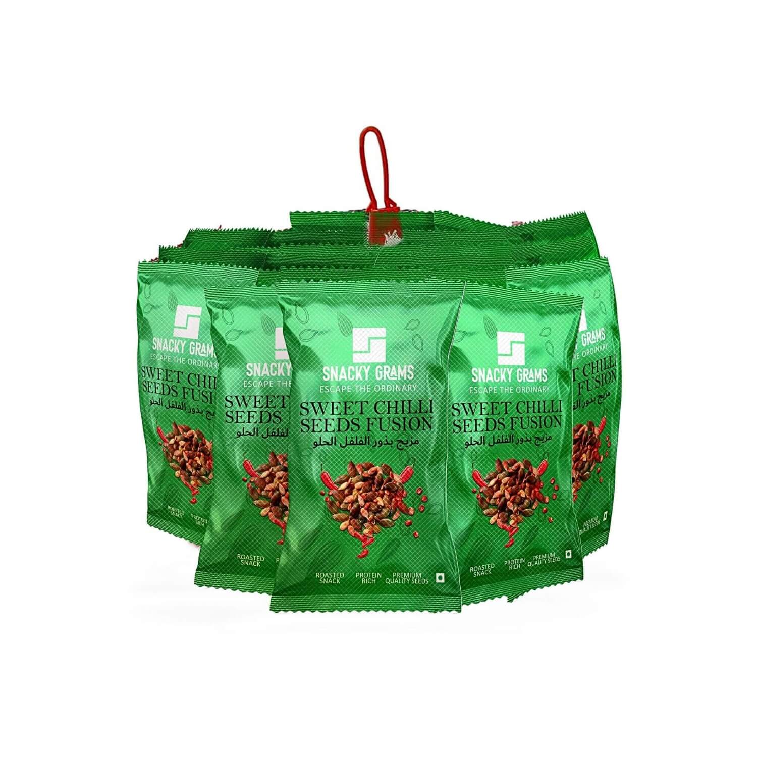 Multiple packages of Snackable Grains Sweet Chilli Seeds Fusion on a white background
