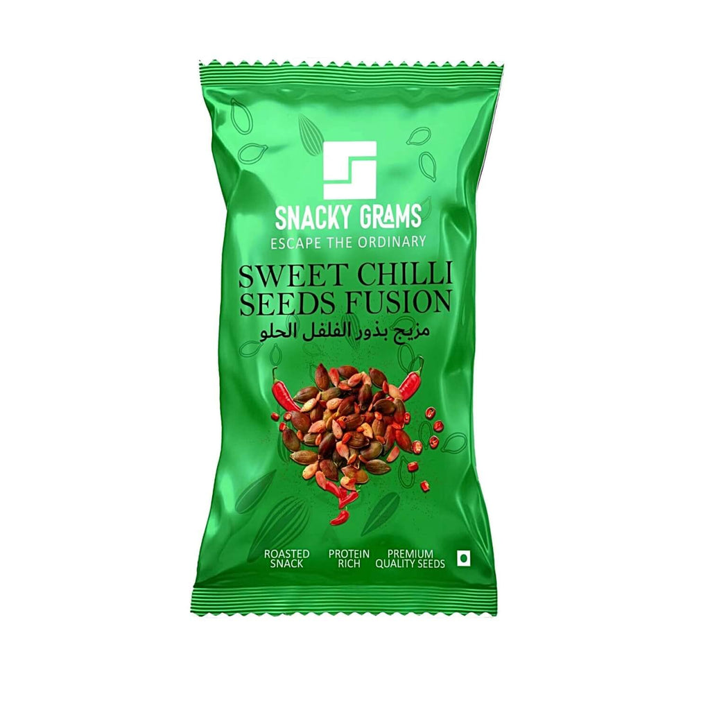 Green packaging of Snacky Grams Sweet Chilli Seeds Fusion on a white background